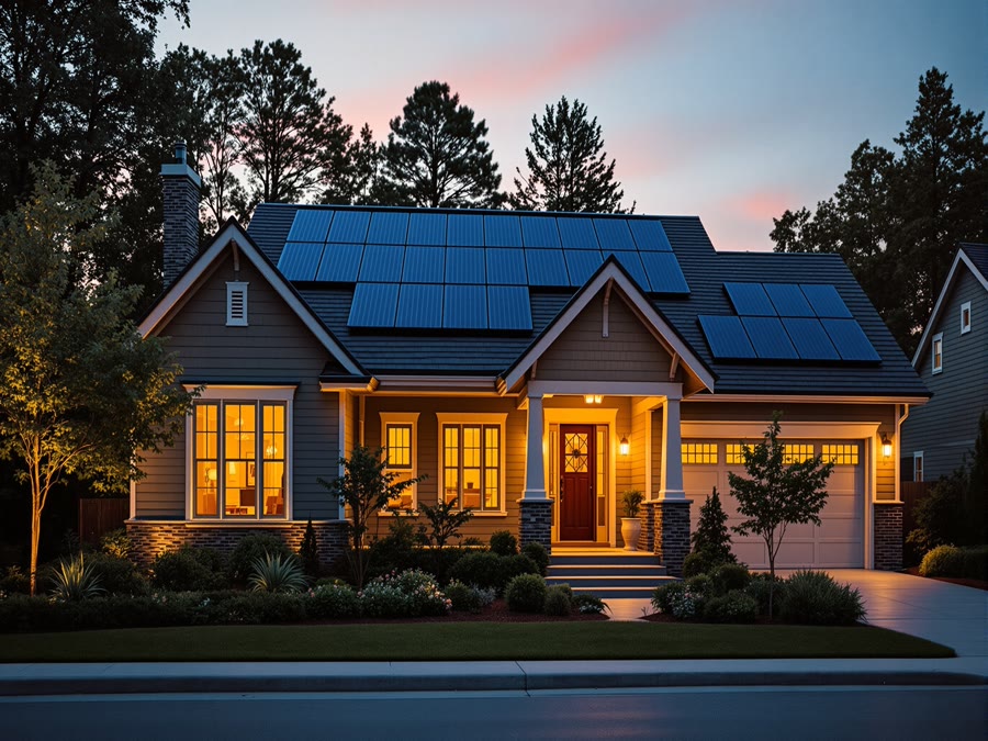 Modern home with solar panels installed on the roof at golden hour in Tyler, TX